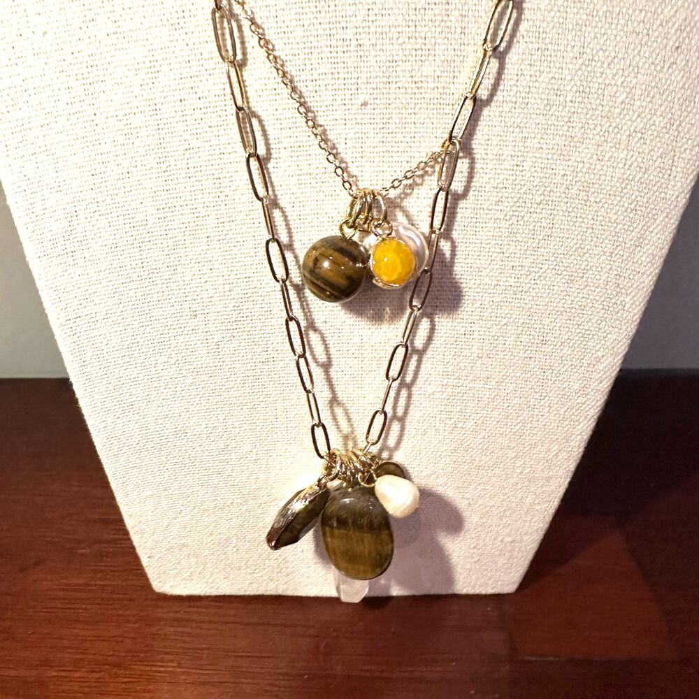 NWT 2 Chic Necklace 18K Gold Plated 2Chic Pendant Brown stone Multilayer Western - Picture 2 of 9